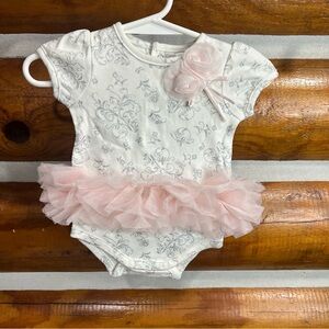 Edgehill Collection Floral Baby Onesie with Pink Tulle Skirt 3 month